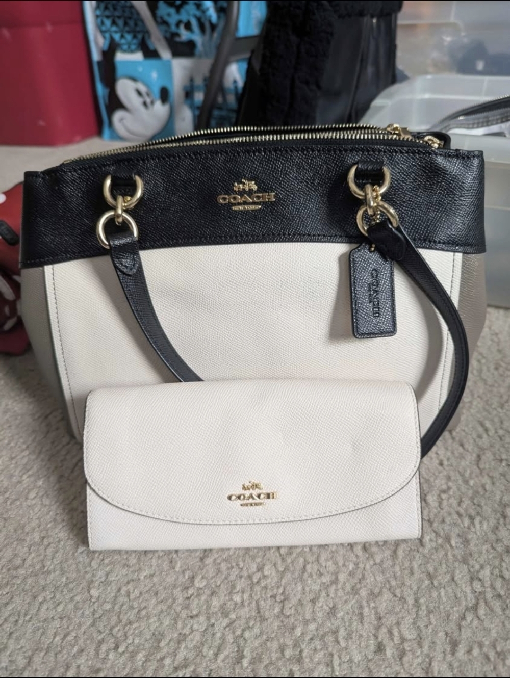 COACH Two-Tone Black and Cream Satchel with Matching Wallet